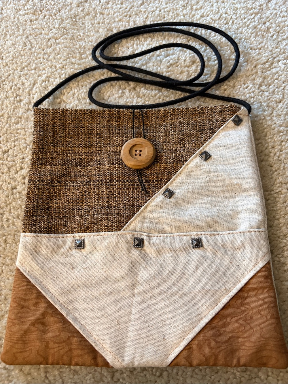Handmade Boho Patchwork Crossbody Bag in Brown and Cream Tones with Studs - New